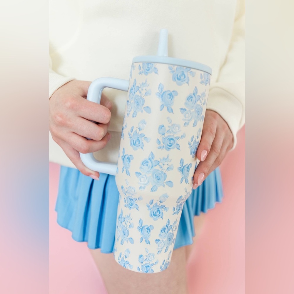 Blue Floral 40oz Tumbler with Spill Proof Lid and Flip Straw